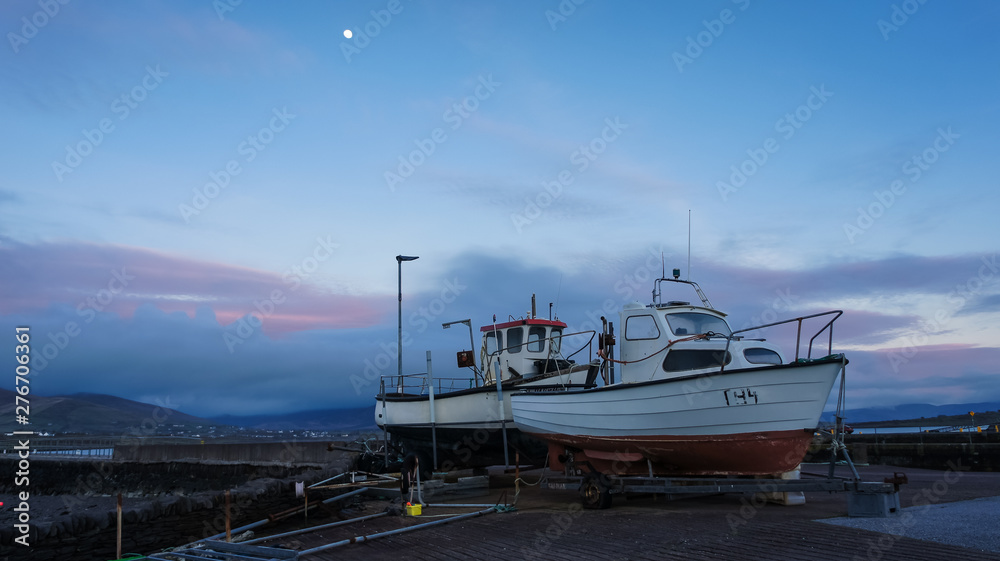 Two Moored Fishing Boats at Dusk on Valentia Island in Ireland