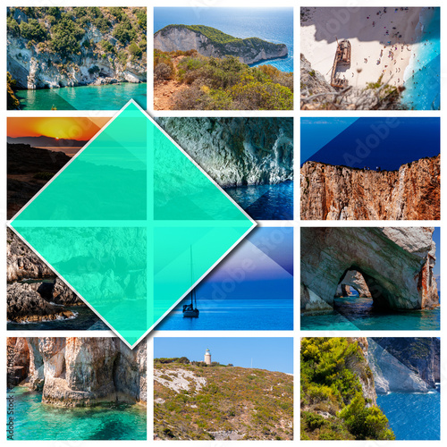 Collage photos Zakynthos Island - Greece, in the square 1:1 format. A pearl of the Mediterranean with beaches and coasts suitable for unforgettable sea holidays. Selection of landscapes.