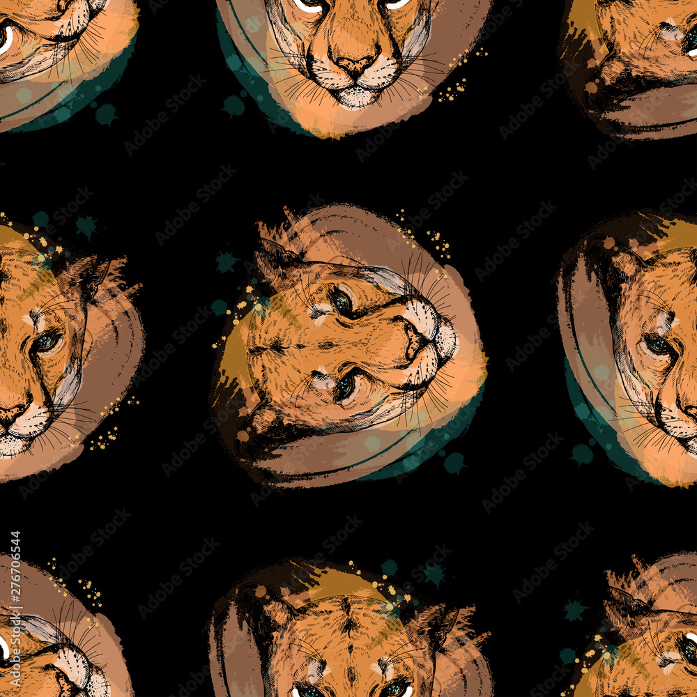 Seamless pattern of hand drawn sketch style portraits of puma isolated