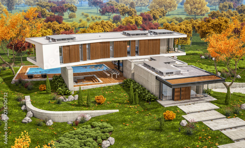 3d rendering of modern house on the hill with pool in autumn