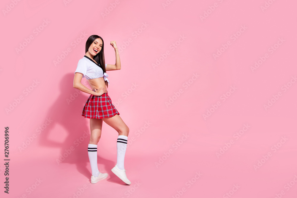 Full length body size profile side view of her she nice-looking attractive graceful sporty slender cheerful cheery glad straight-haired lady satisfaction isolated on pink pastel background