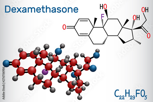 Dexamethasone molecule. This anti-inflammatory medication is a corticosteroid hormone (glucocorticoid). Is used to treat arthritis, immune and hormone system disorders, allergic reactions photo