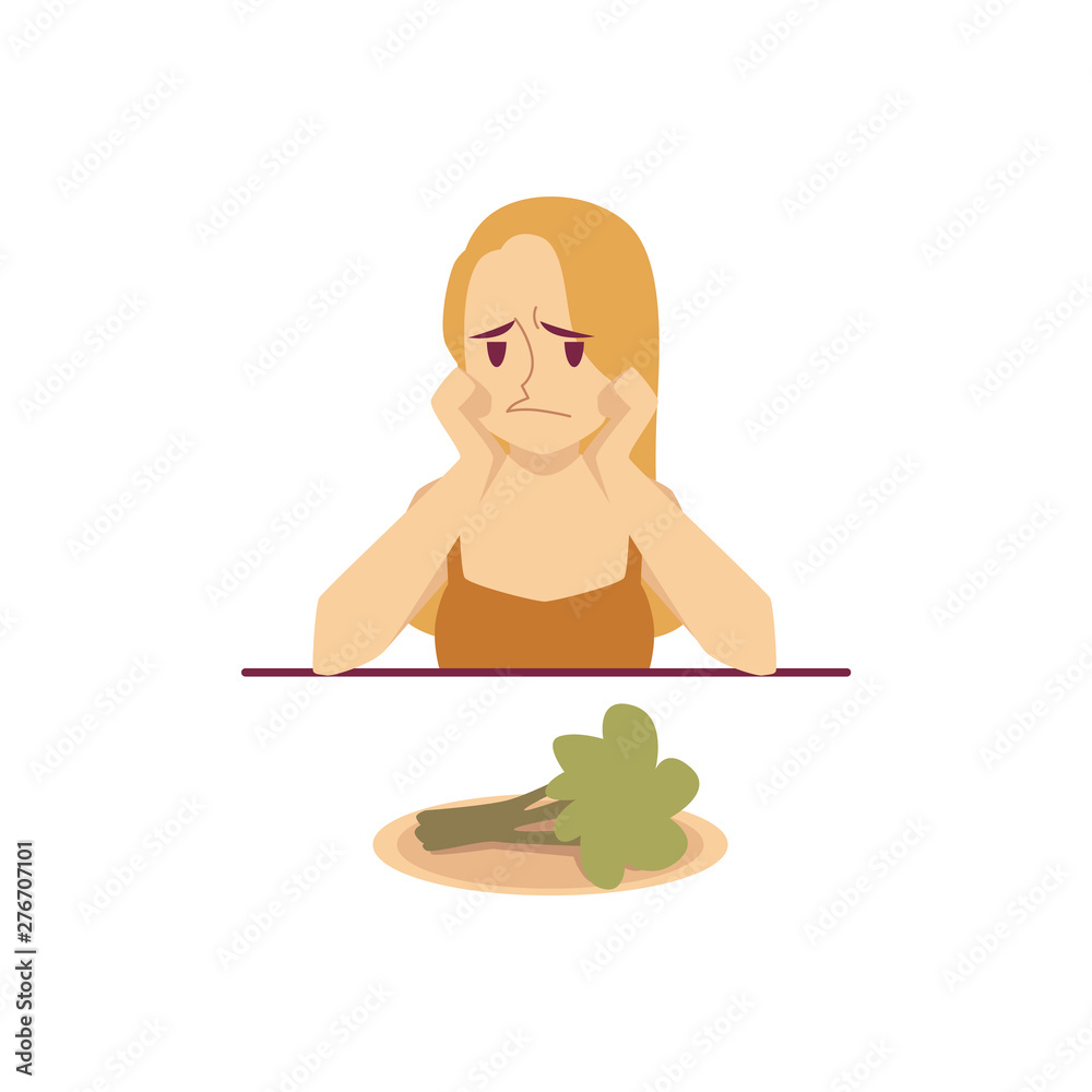 Woman on a diet looking sad at a broccoli flat vector isolated on background.