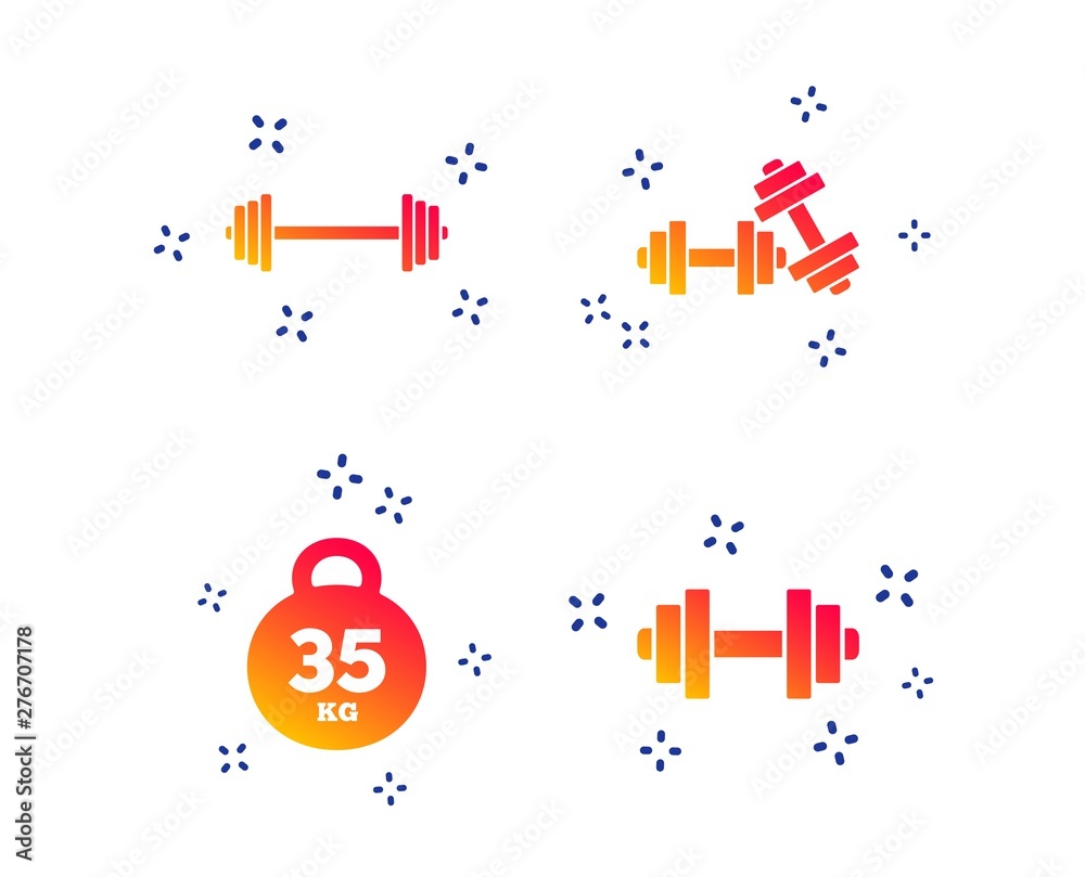 Dumbbells sign icons. Fitness sport symbols. Gym workout equipment. Random  dynamic shapes. Gradient fitness icon. Vector Stock Vector