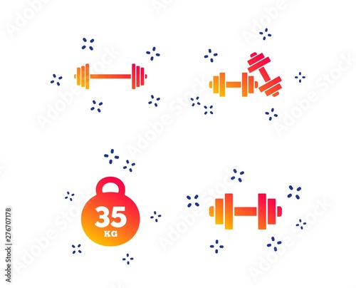 Dumbbells sign icons. Fitness sport symbols. Gym workout equipment. Random dynamic shapes. Gradient fitness icon. Vector