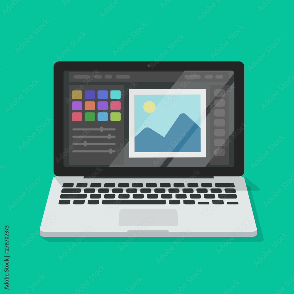 Photo or graphic editor on computer vector illustration, flat cartoon laptop screen with design or image editing software or program isolated image Photo or graphic editor on computer vector illustration, flat cartoon laptop screen with design or image editing software or program isolated image