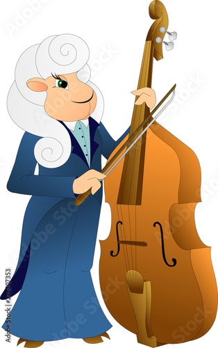 a ram in a blue dress coat plays the double bass