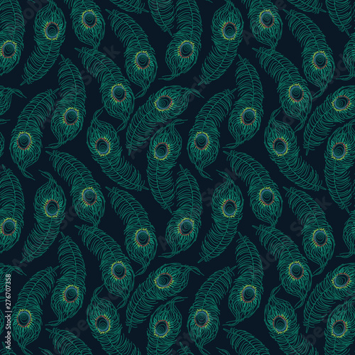 A seamless vector pattern with peacock feathers on dark backround. Surface print design.