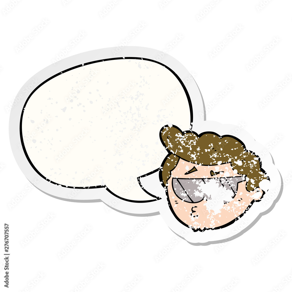 cartoon boy wearing sunglasses and speech bubble distressed sticker cartoon boy wearing sunglasses and speech bubble distressed sticker