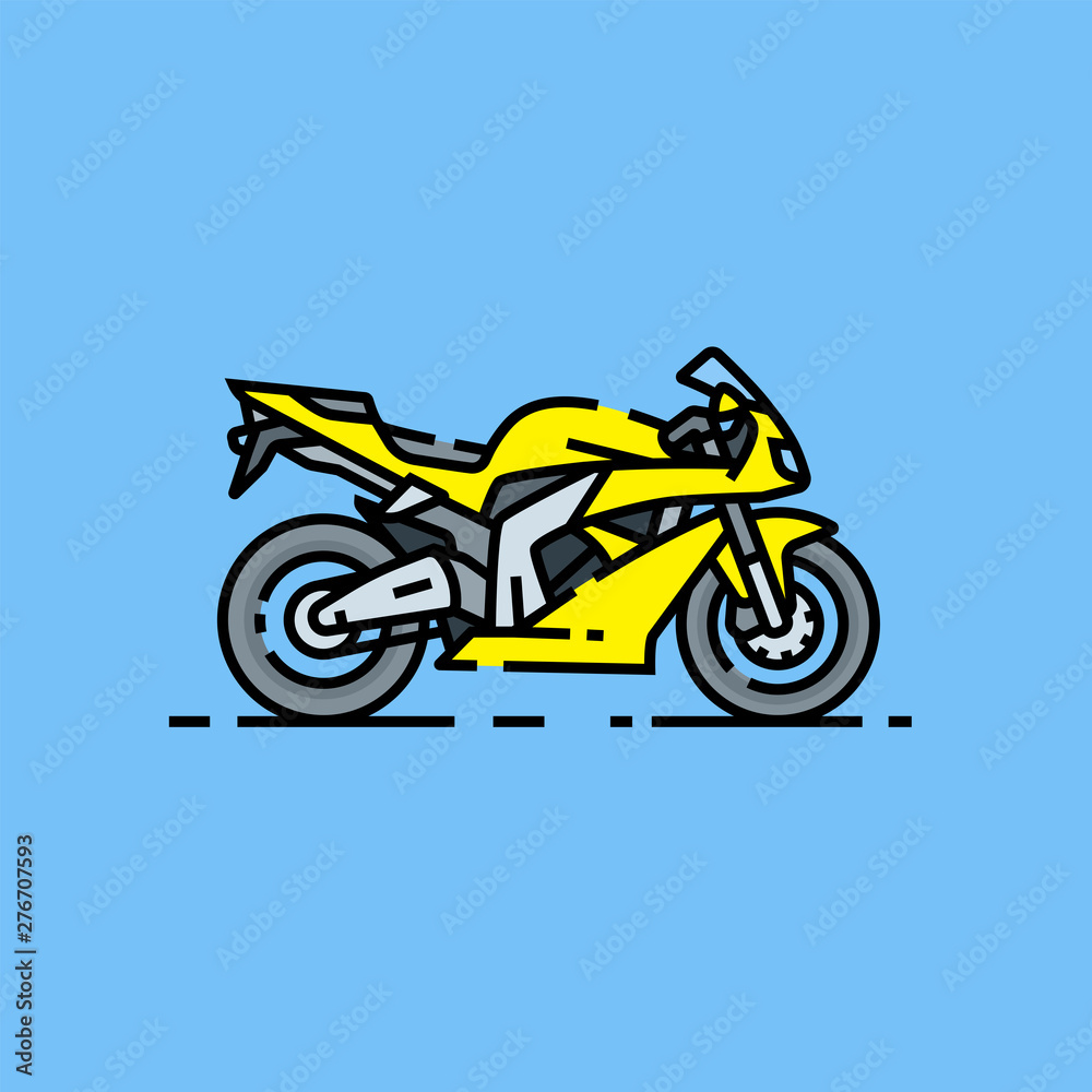 Superbike line icon. Yellow sports motorcycle isolated on blue background. Fast motorbike symbol. Vector illustration. Superbike line icon. Yellow sports motorcycle isolated on blue background. Fast motorbike symbol. Vector illustration.