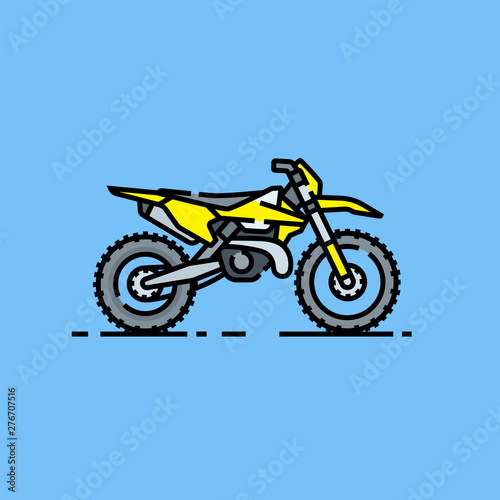 Dirtbike line icon. Offroad motorcycle symbol. Motorcross bike graphic. Yellow enduro motorbike isolated on blue background. Vector illustration.