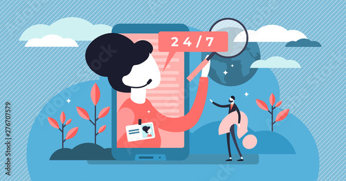 Assistant vector illustration. Flat tiny helpline support persons concept.