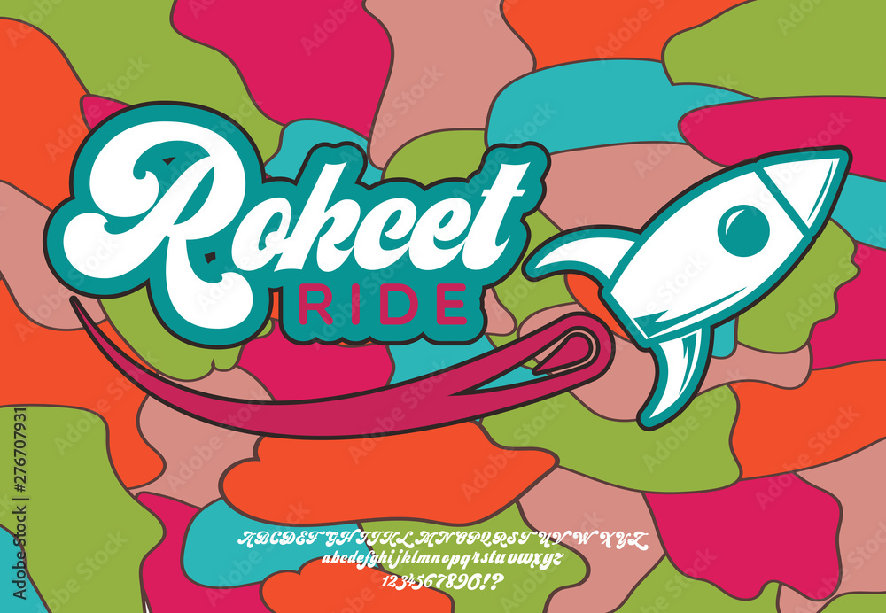 Rocket Ride. Script font in 1980s style. Illustration of 1980 retro flat poster. Rocket Ride. Script font in 1980s style. Illustration of 1980 retro flat poster.