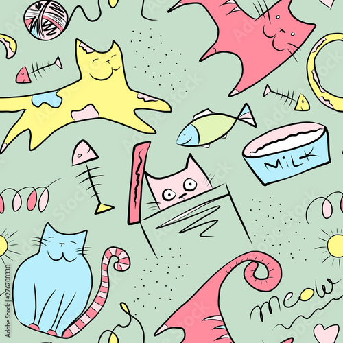 Photography Funny colorful cats and fishes seamless pattern on green background