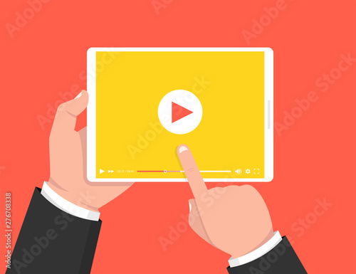 Hands holding tablet and touching screen. Video player on screen. Vector illustration.