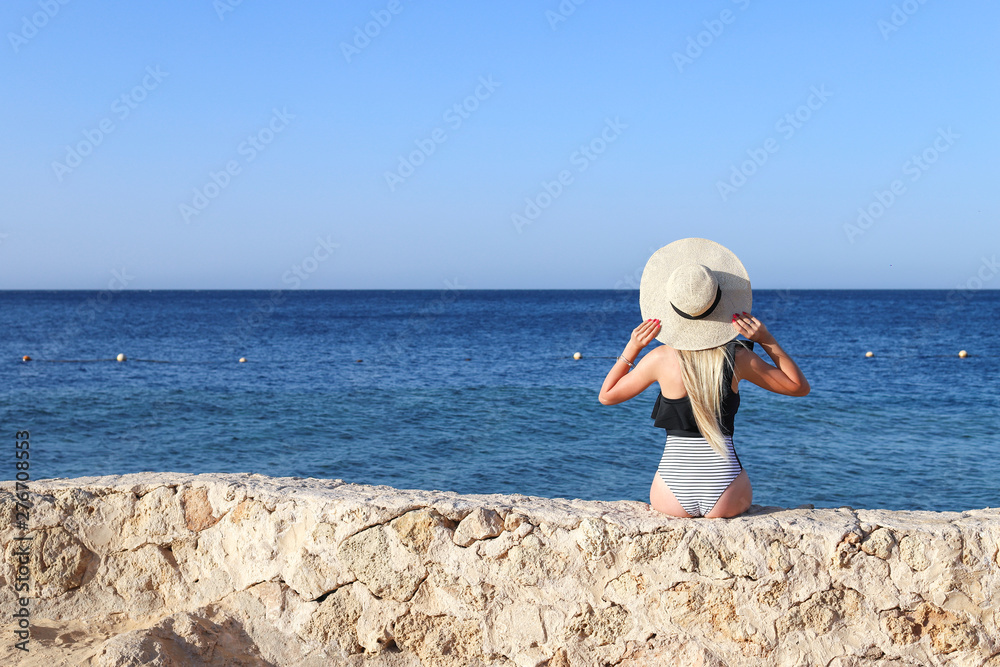 Young pretty hot sexy woman relaxing in swimsuit on stones with blue sea and sky on background. Summer Vacation Concept. Back View