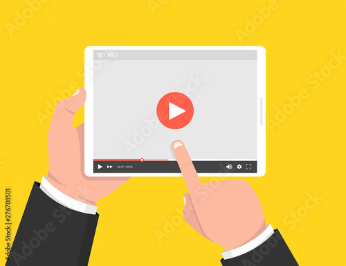 Hands holding tablet and touching screen. Video player on screen. Vector illustration.