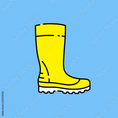 Yellow wellington boots line icon. Gumboots graphic isolated on blue background. Rainboot wellies symbol. Vector illustration. photo