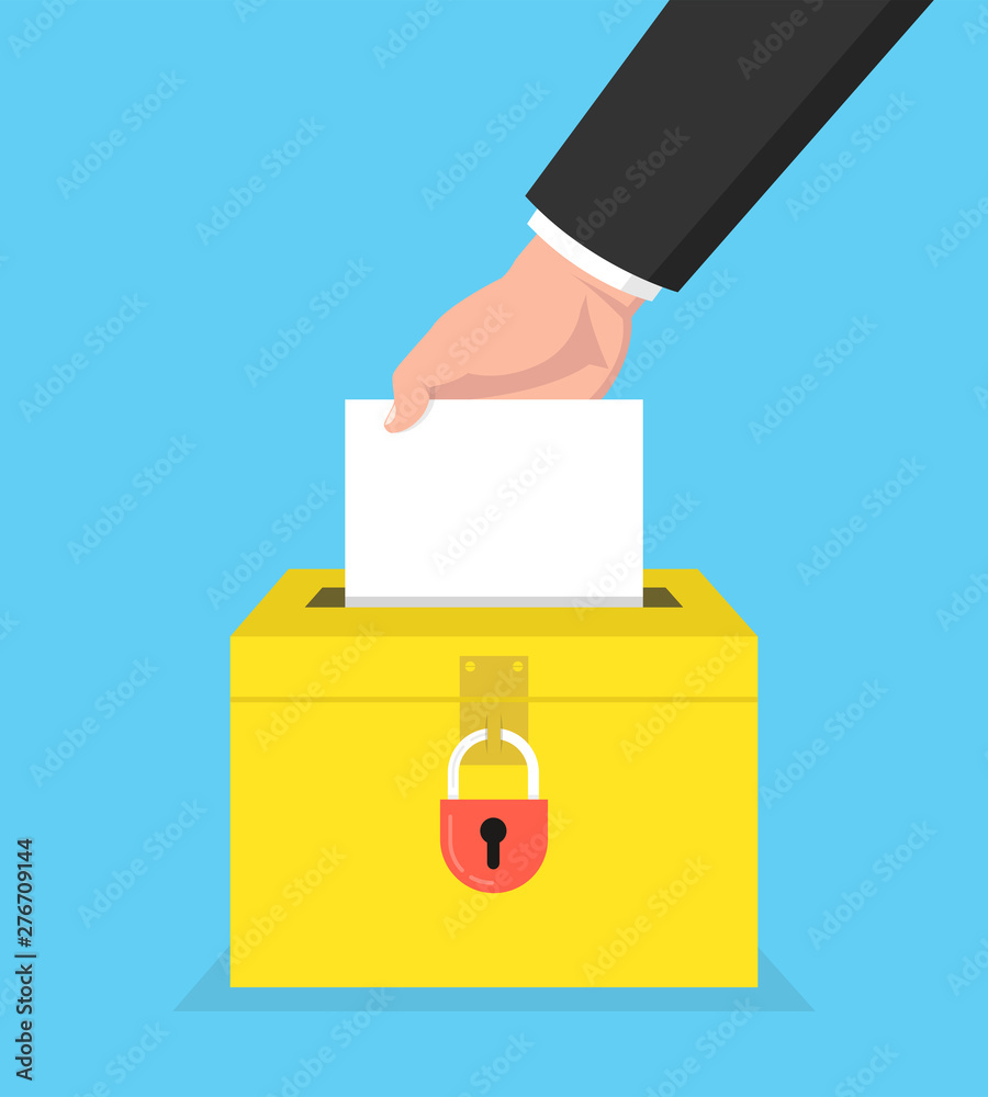 Election day concept. Hand putting voting paper in the ballot box with lock. Vector illustration. Election day concept. Hand putting voting paper in the ballot box with lock. Vector illustration.
