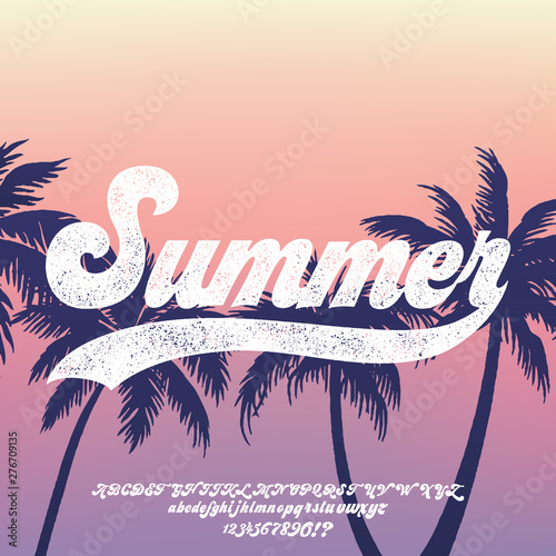 California. Hand made script font. Vacation summer time. Waikiki beach. Vector illustration. Retro typeface and logo. Summer style.