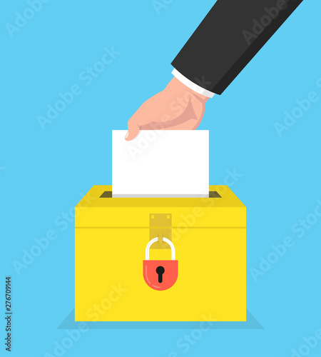 Election day concept. Hand putting voting paper in the ballot box with lock. Vector illustration.