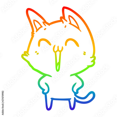 rainbow gradient line drawing happy cartoon cat meowing