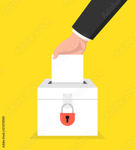 Election day concept. Hand putting voting paper in the ballot box with lock. Vector illustration.