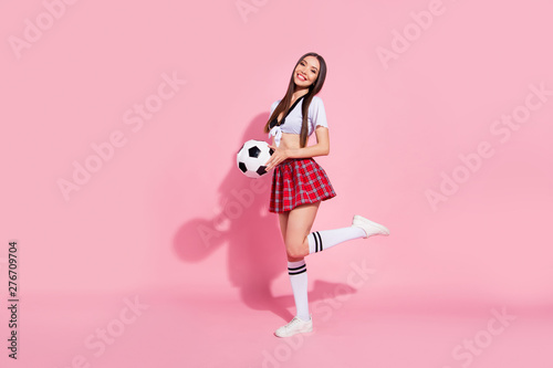 Full body profile photo of funny lady cheerleader head school committee soccer ball wear red short skirt white top isolated pink background