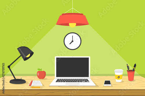 Modern workplace. Laptop on wooden the table. Working place concept. Vector illustration.