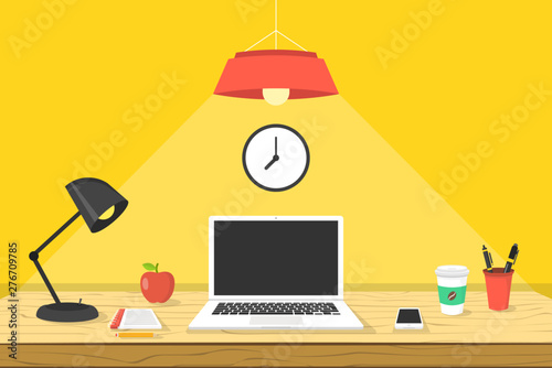 Modern workplace. Laptop on wooden the table. Working place concept. Vector illustration.