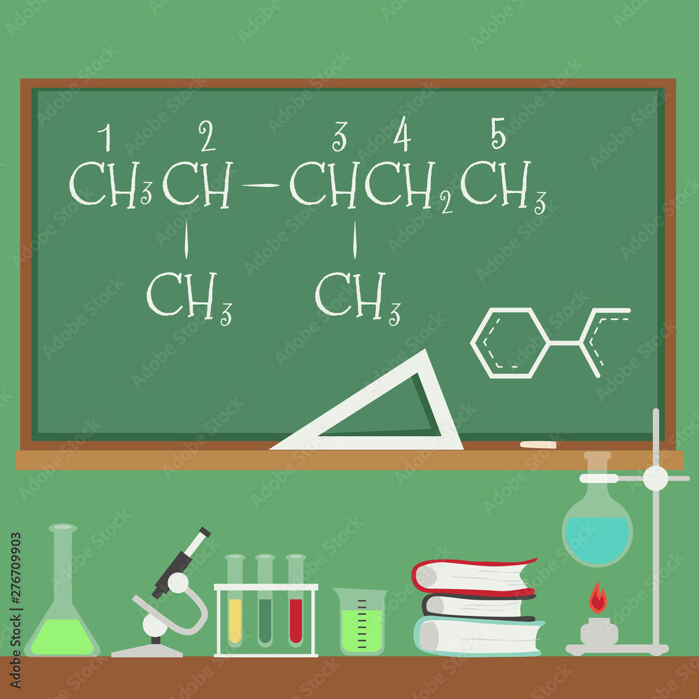Chalkboard with chemistry formulas and science equipment flat cartoon style Chalkboard with chemistry formulas and science equipment flat cartoon style