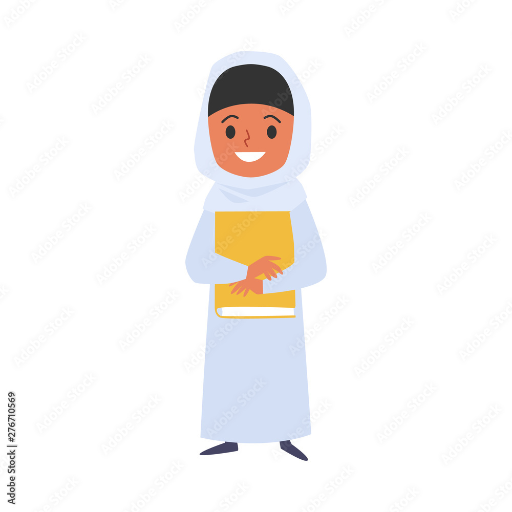 Muslim child girl with book cartoon character flat vector illustration isolated. Muslim child girl with book cartoon character flat vector illustration isolated.