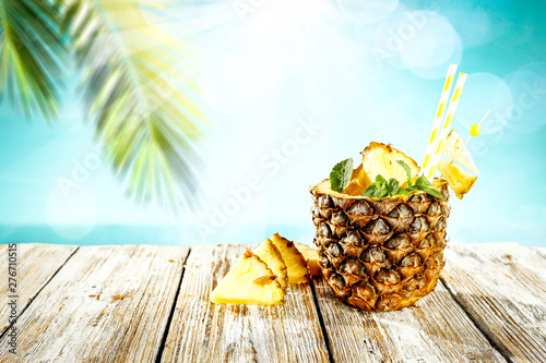 Fresh tasty tropical fruit and desk of free space for your decoration. Summer time. 