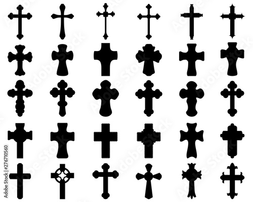 Big set of black silhouettes of different crosses, various religious symbols