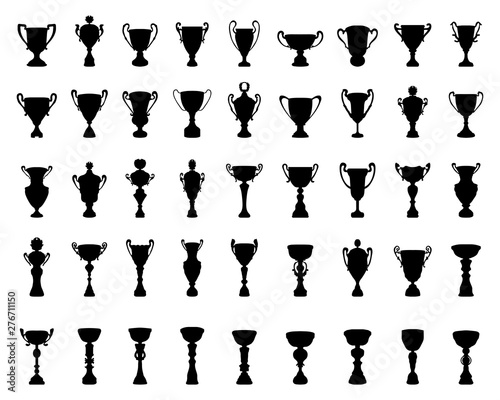 Black silhouettes of trophy cup on a white background
