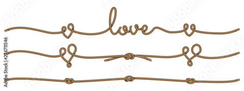 Rope lettering and design elements on the theme of love. Vector illustration EPS 10.