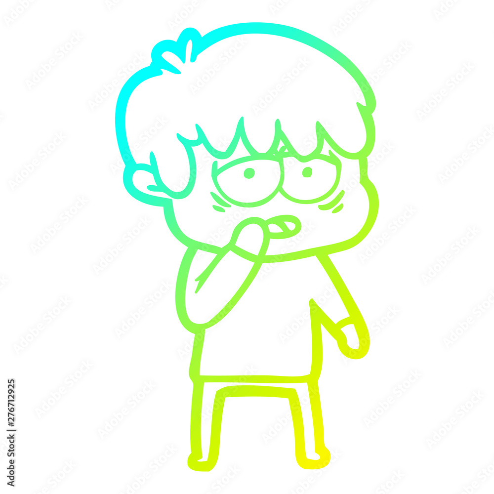 cold gradient line drawing cartoon exhausted boy