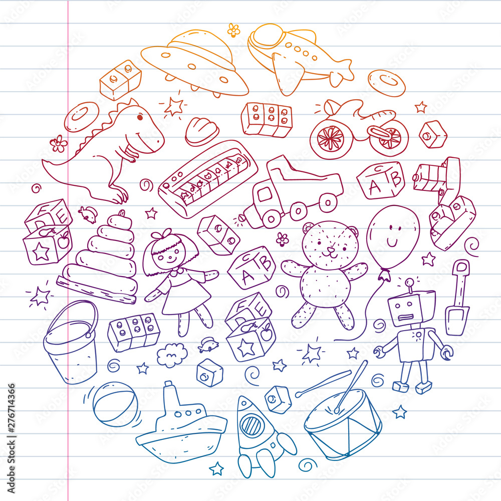 Vector pattern with kindergarten, toy children. Happy children illustration. Gradient drawing on exercise notebook.