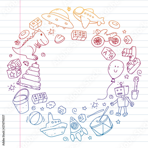 Vector pattern with kindergarten, toy children. Happy children illustration. Gradient drawing on exercise notebook.