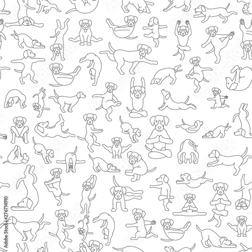 Fototapeta Naklejka Na Ścianę i Meble -  Yoga dogs poses and exercises doing clipart. Funny cartoon simple outline seamless pattern design