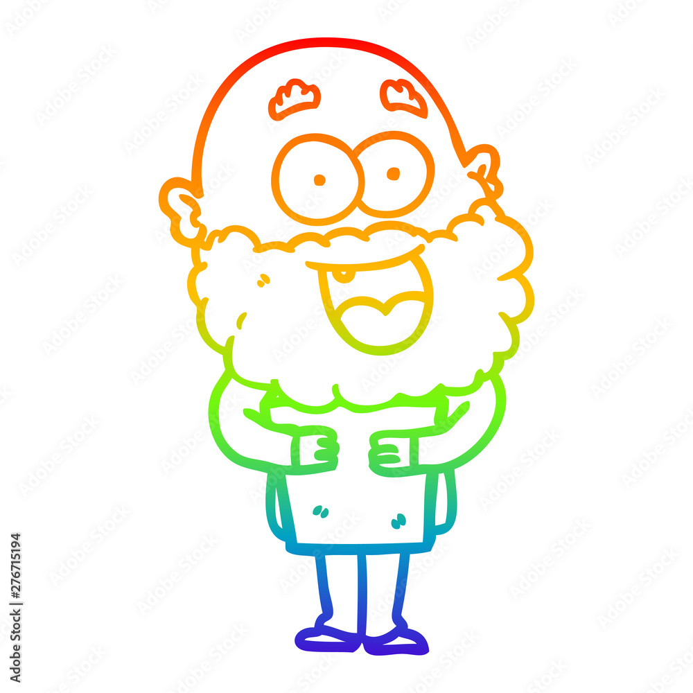 rainbow gradient line drawing cartoon crazy happy man with beard and book
