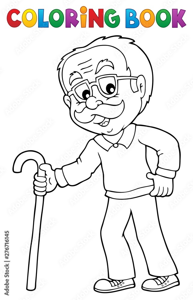 Coloring book grandpa with walking stick Coloring book grandpa with walking stick