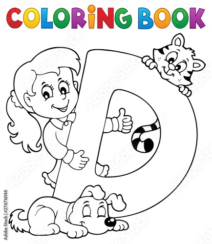 Coloring book girl and pets by letter D