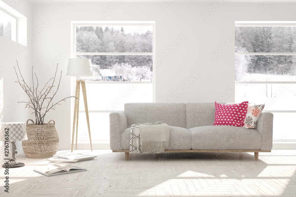 Stylish room in white color with sofa and winter landscape in window. Scandinavian interior design. 3D illustration - obrazy, fototapety, plakaty 