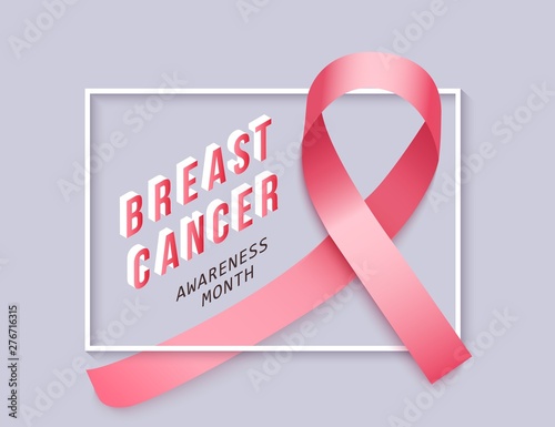 Banner of support and awareness with breast cancer and realistic pink satin ribbon.