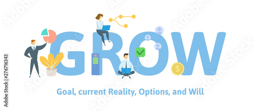 GROW, goal, reality, options, and will. Concept with people, keywords and icons. Flat vector illustration. Isolated on white background.