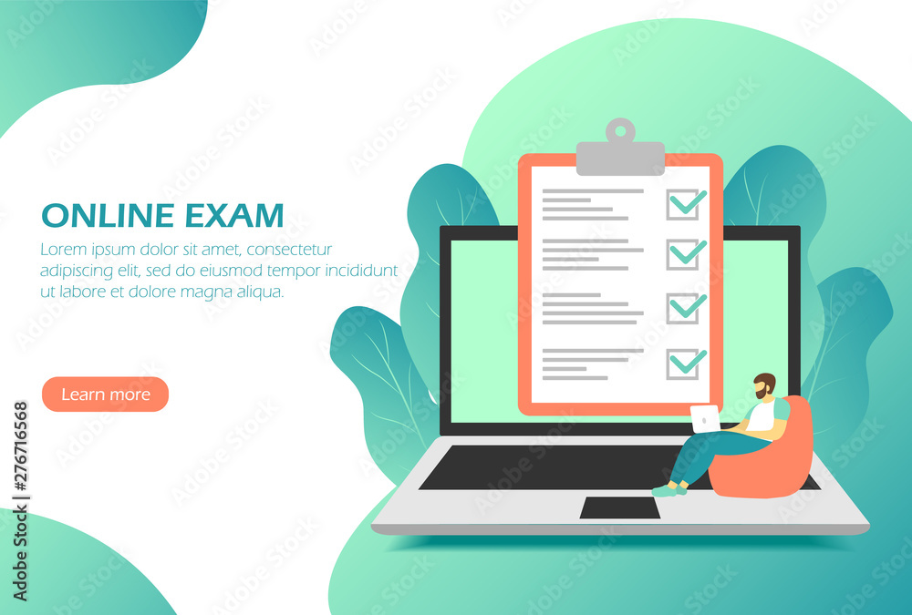 Online exam, test. Concept character with laptop. Web page. Use for site and start page. Online exam, test. Concept character with laptop. Web page. Use for site and start page.