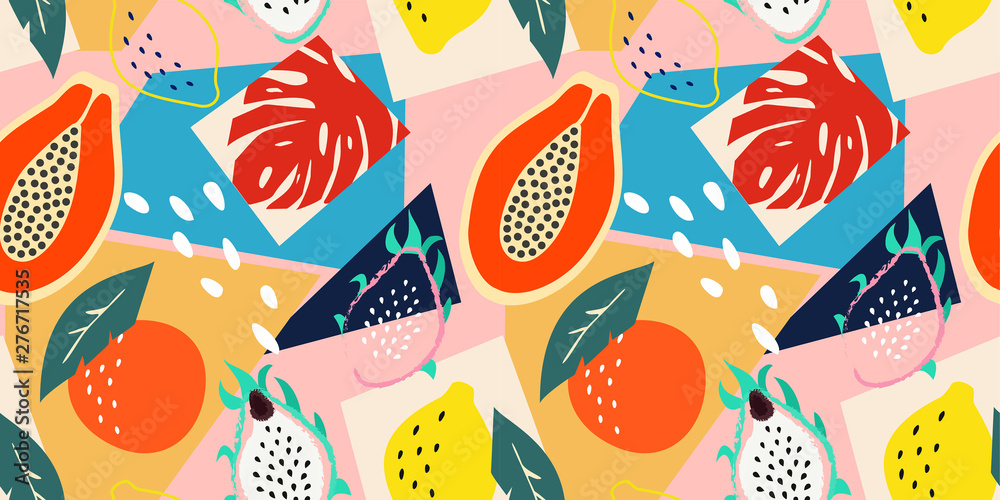 Contemporary abstract floral seamless pattern. Modern exotic tropical fruits and plants. Vector colored design.