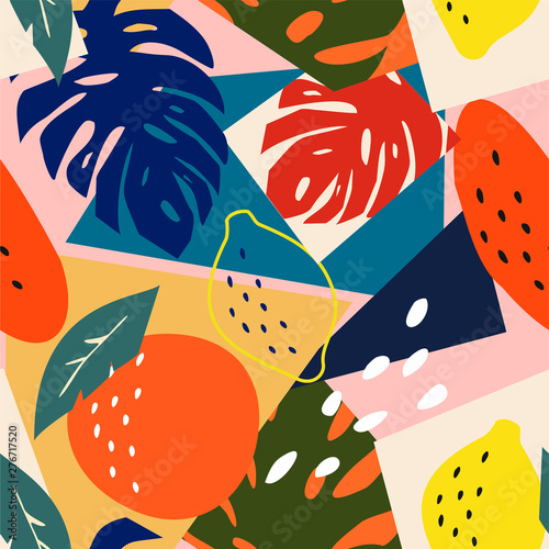 Contemporary abstract floral seamless pattern. Modern exotic tropical fruits and plants. Vector colored design.