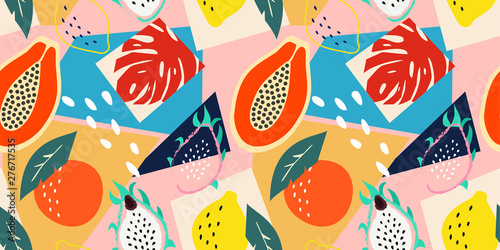 Contemporary abstract floral seamless pattern. Modern exotic tropical fruits and plants. Vector colored design.